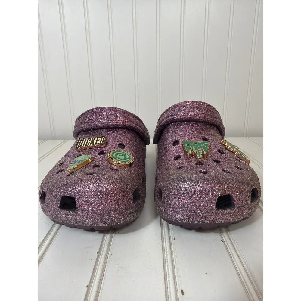 Crocs Classic Clog Kids Size J6 Purple Glitter Wicked Musical Charms Jibbitz